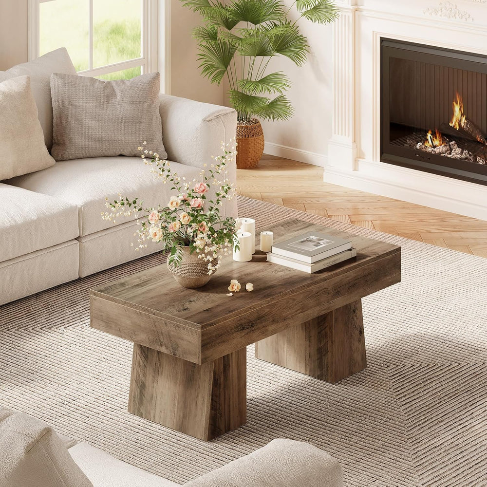 LITTLE TREE Farmhouse Coffee Table, 47 Inches Wooden Rectangular Accent Cente...