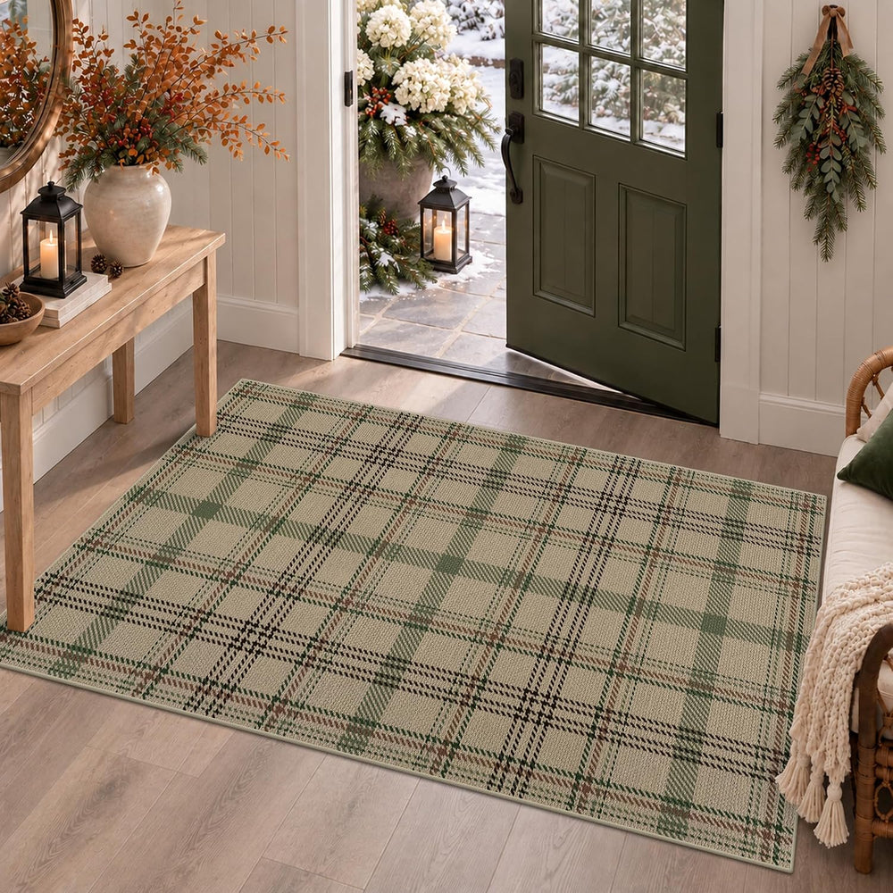 JTJ Easy Jute 3x5 Outdoor Rug, Sage Green Plaid Washable Farmhouse Area Rug
