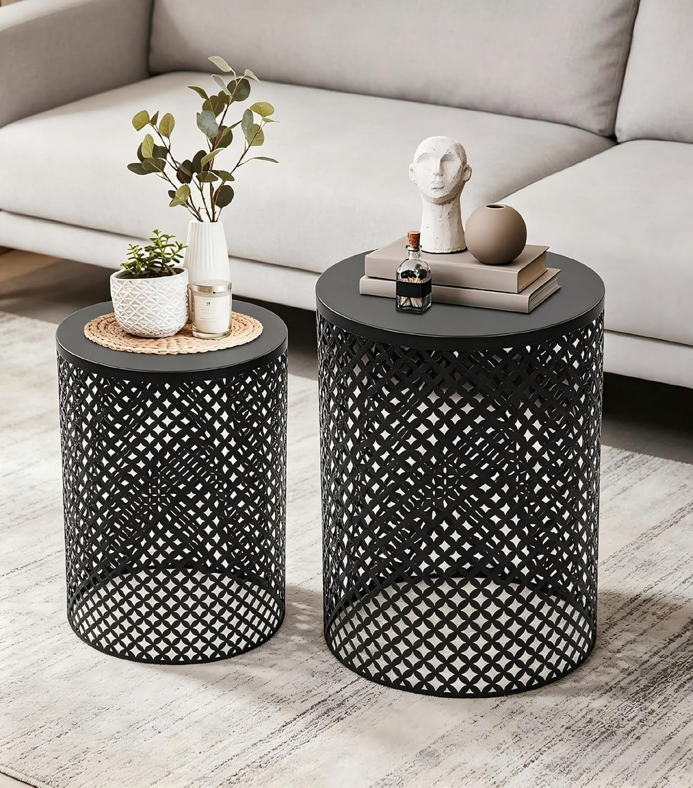 Set of 2 Outdoor Side Table, Garden Stool for Patio, Metal Accent Table Moder...