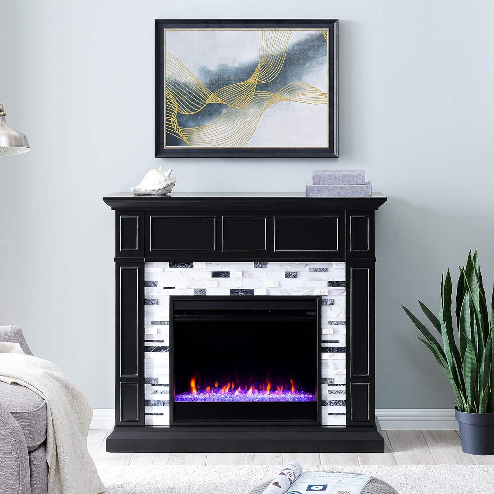 SEI Furniture Drovling Marble Tiled Color Changing Electric Fireplace, Black-...