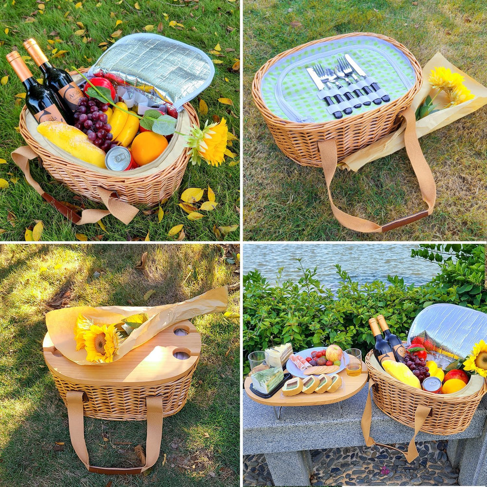 Hap Tim Wicker Picnic Basket Set for 4 with Mini Folding Wine Picnic Table &a...