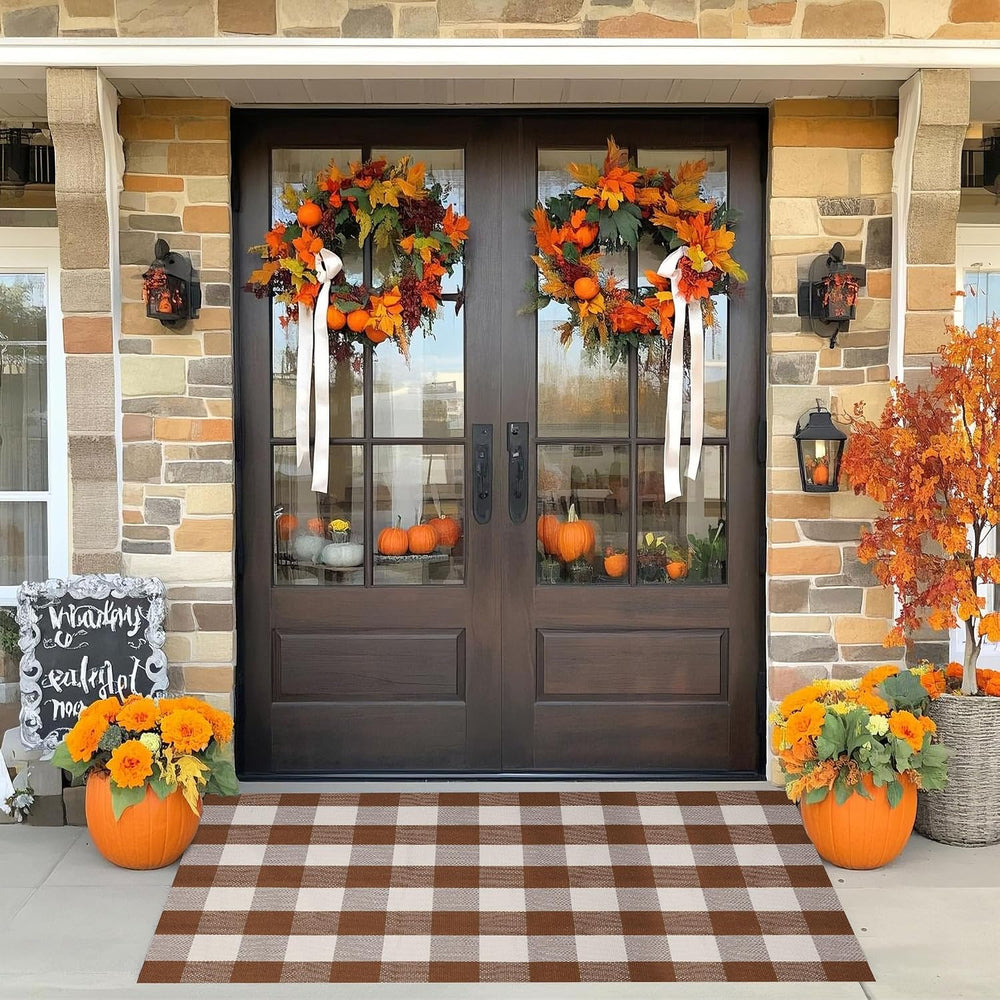 Fall Decor Buffalo Plaid Outdoor Rug 3x5 Ft Coffee and White Checkered Area R...