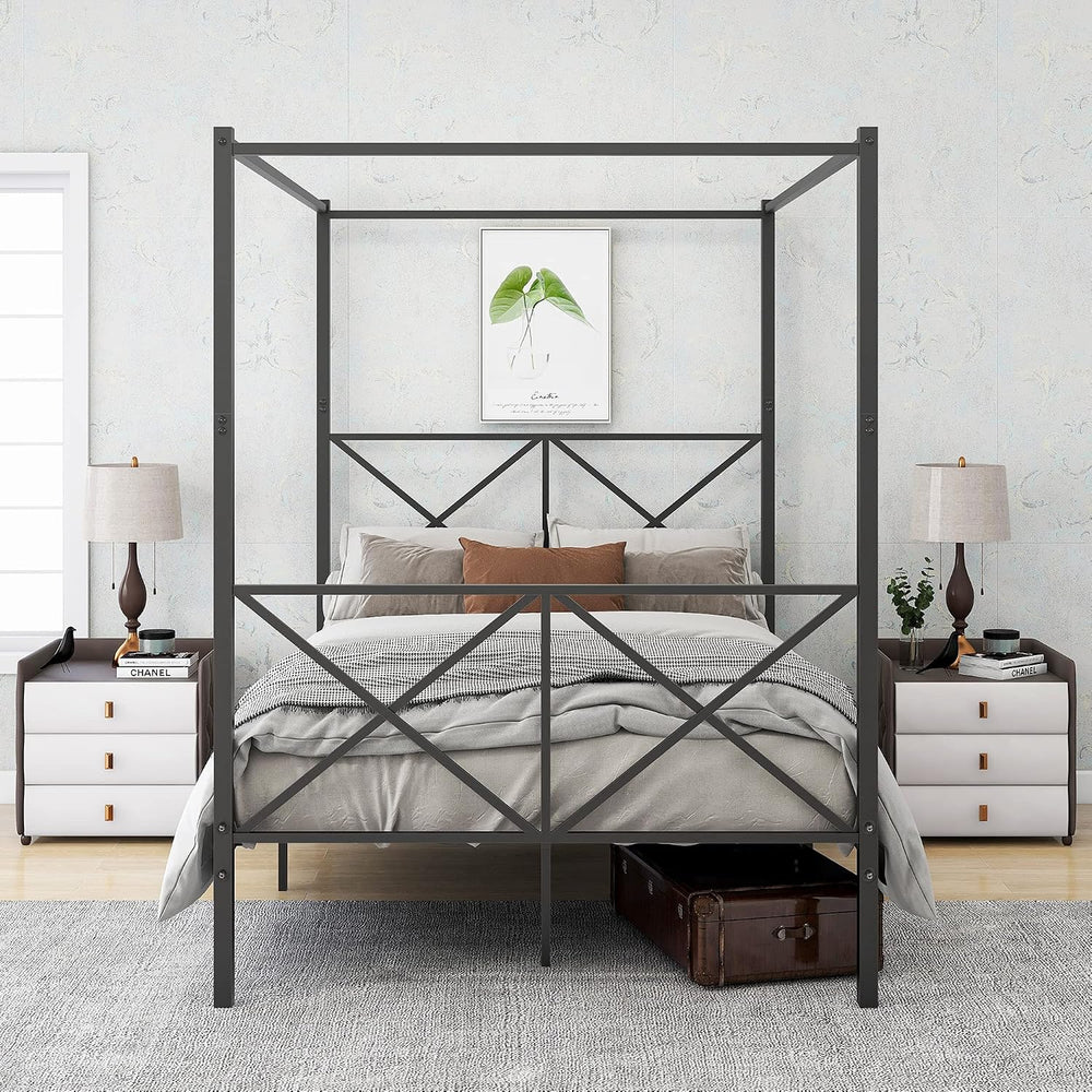 Full Size Canopy Bed Frame with Heavy Duty Metal Headboard, Black