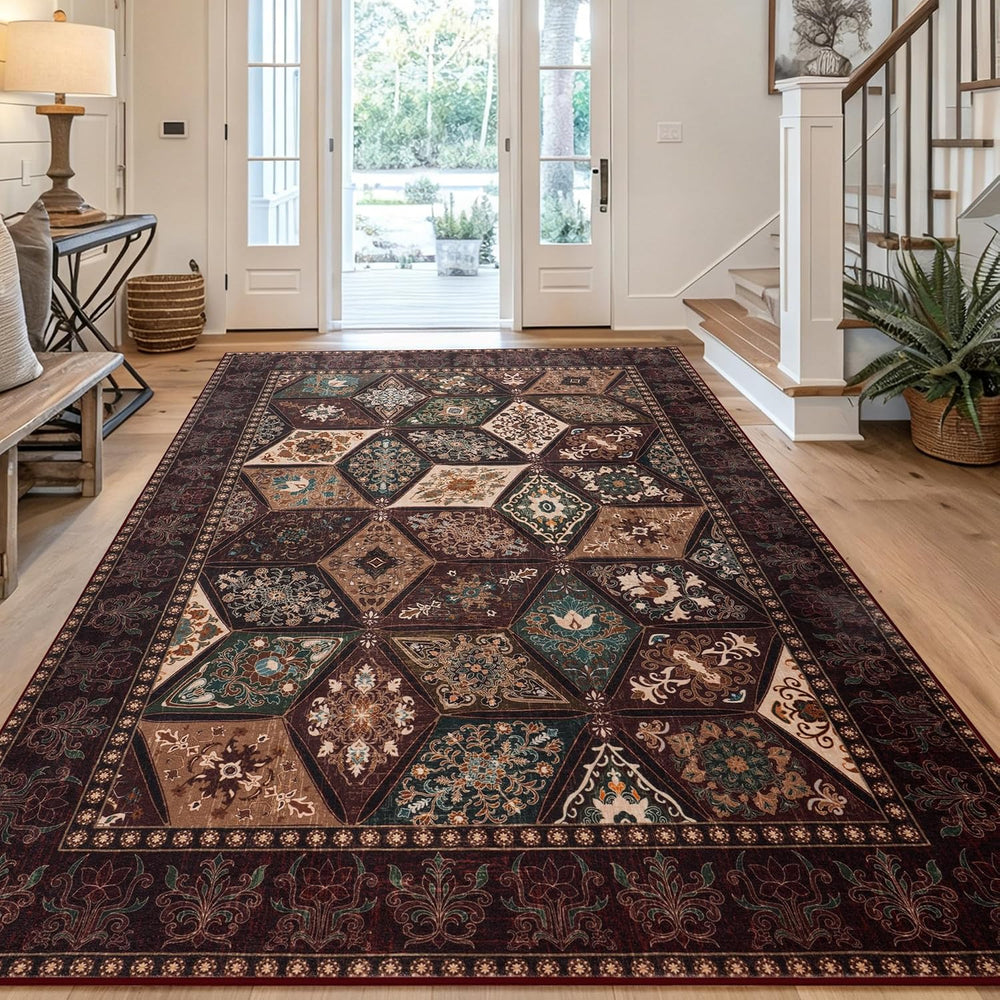 Moroccan Boho Floral Geometric Patchwork Washable 5x8 Large Area Rug