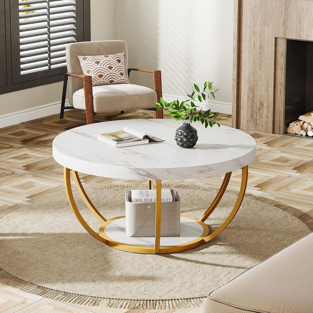 Tribesigns White and Gold Round Coffee Table, 31.7" Living Room Table