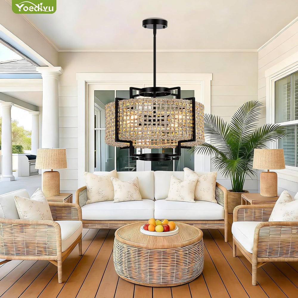 18" Rattan Chandelier, 4-Light Boho Pendant Light for Dining Room
