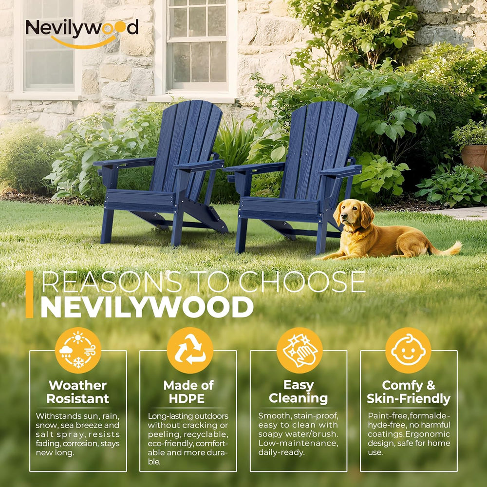 nevilywood Adirondack Chair Set of 2, HDPE Folding Outdoor Chair, Navy