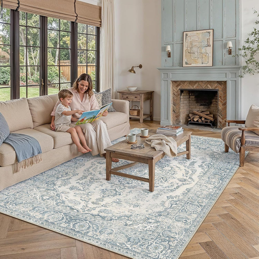 PureCozy Blue 6x9 Area Rug Washable Vintage Distressed
