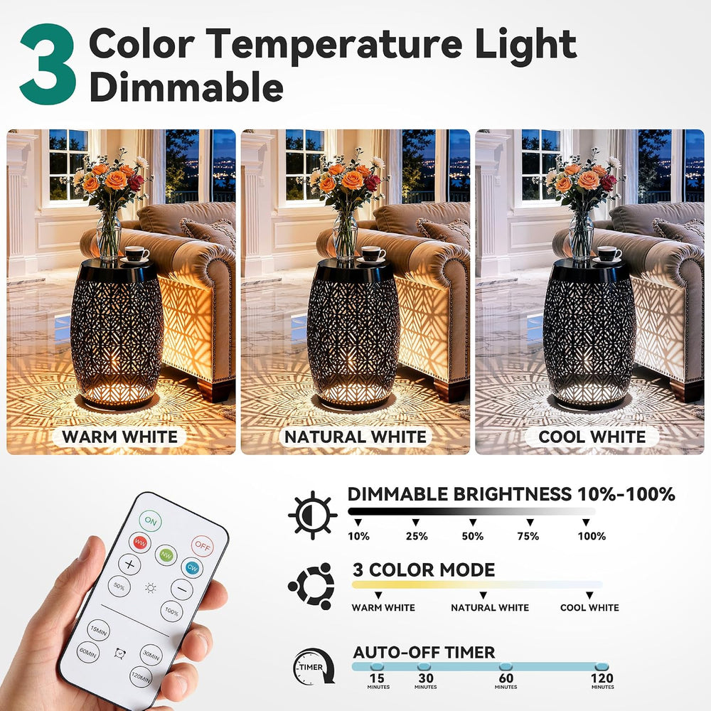 18" Metal LED Outdoor Side Table, 3-Mode Lights, Modern Drum Design