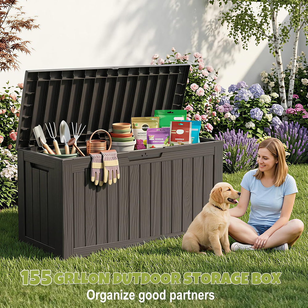 DRATO 155 Gallon Deck Box Waterproof Outdoor Storage Box with Wheels, Black