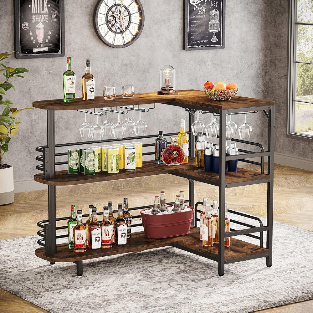 Tribesigns L-Shaped Home Bar Unit, 3 Tier Liquor Table With Storage Shelves a...