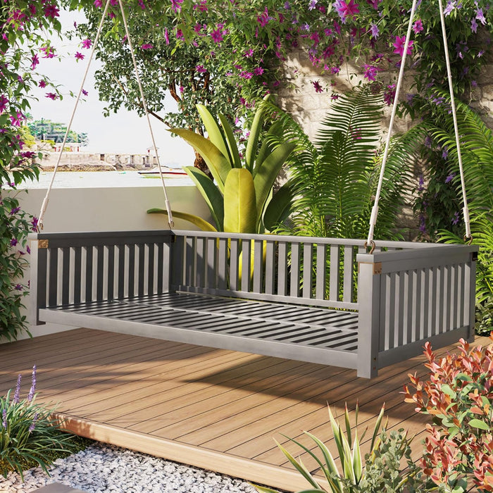 Patio Minimalist Acacia Wood Porch Swing with Hemp Rope, Twin Size Garden Swing Bed 2 Person Seating Group for Backyard Poolside, Safe Sloped Design (Gray-GS)