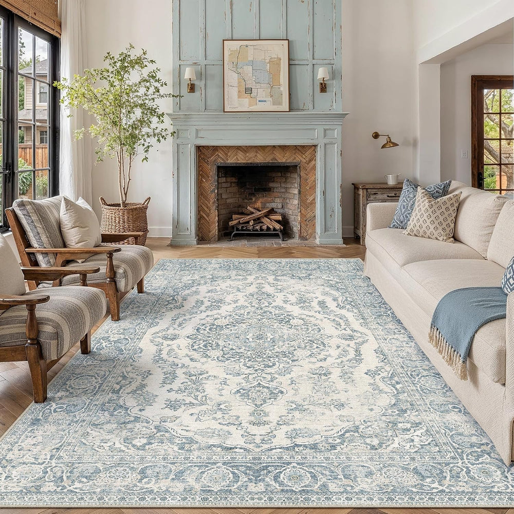 PureCozy Blue 8x10 Area Rug Washable Vintage Distressed