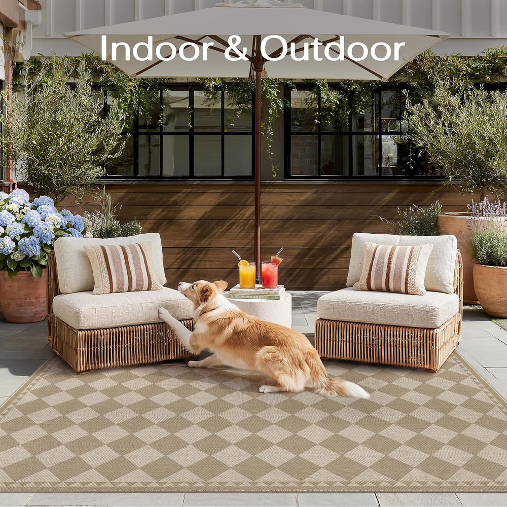HUGEAR 5x8 Beige Brown Checkered Linen Look Indoor Outdoor Rug for Patio