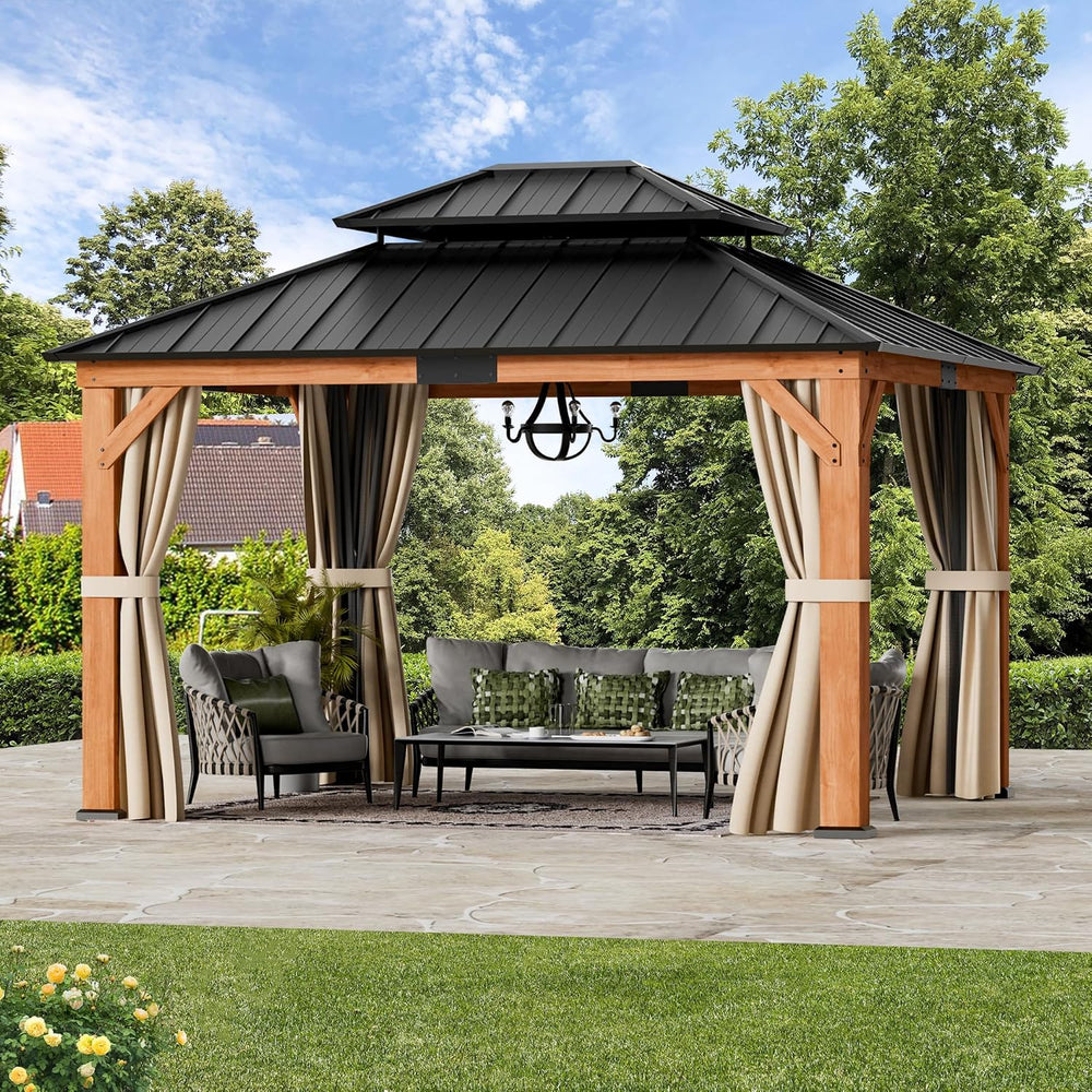 Modern Shade Permanent Wood Gazebo 10x12 with Double Galvanized Steel Roof