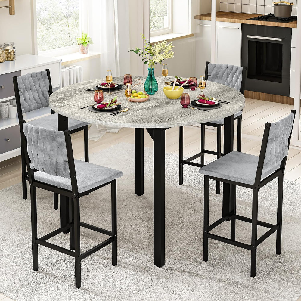 AWQM Round Dining Table Set for 4, Gray Hand-Woven Velvet Bar Stools(Gray)