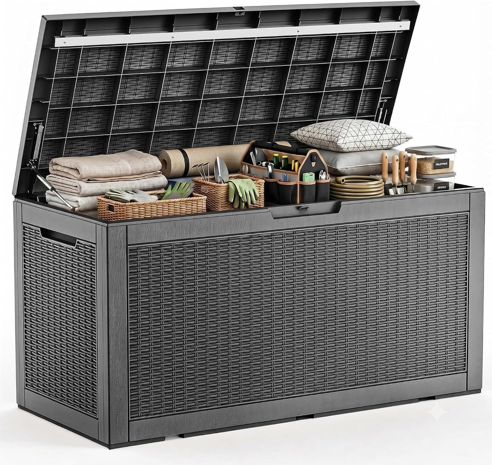 200 Gallon Resin Deck Box, Lockable Waterproof UV‑Resistant Outdoor Storage O...