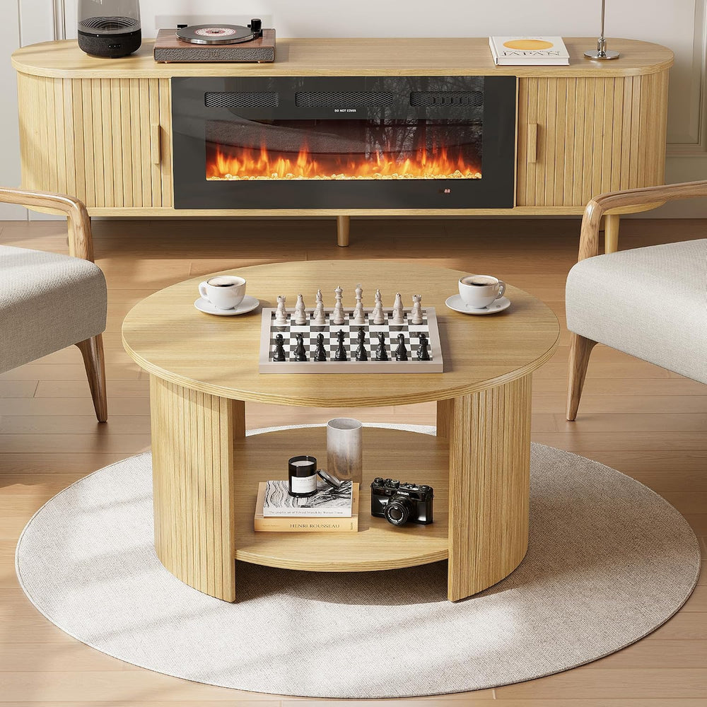 Round Coffee Table with Storage, 31.5" Modern Fluted Center Table, 2-Tie...