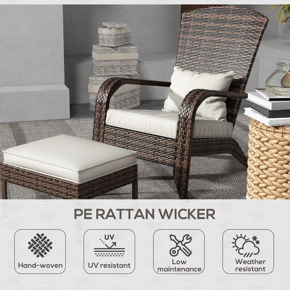 Outsunny Patio Wicker Adirondack Chair with Ottoman High-Back Cream White