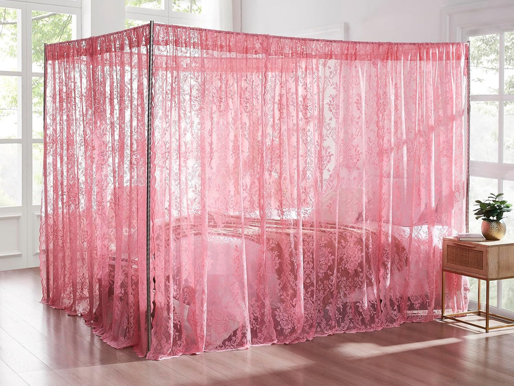 Warm Home Designs Pink Lace Canopy Bed Curtains with Tie-Backs. LC Rose