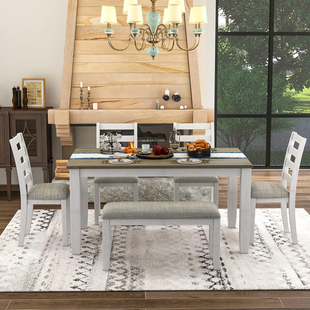 Merax Wooden Dining Table Set with Upholstered Chairs and Bench, 6-Piece Dini...