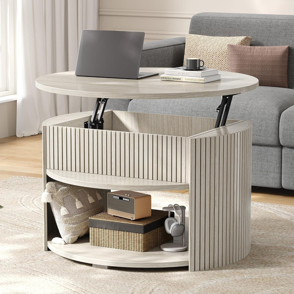 Round Lift Top Coffee Table with Storage, Fluted Mid-Century Modern Coffee Ta...