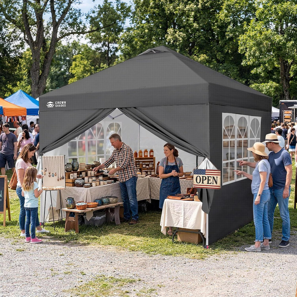 CROWN SHADES 10X10 Pop Up Canopy Tent with Sidewalls, One-Push Setup, Gray
