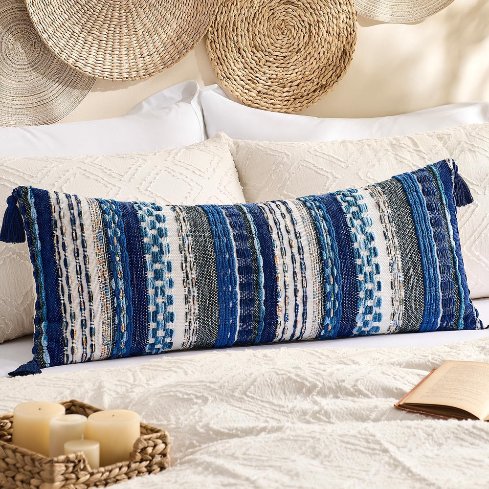 Kevin Textile Boho Tufted 14x36 Inch Lumbar Pillow Cover 1 Pack, Blue