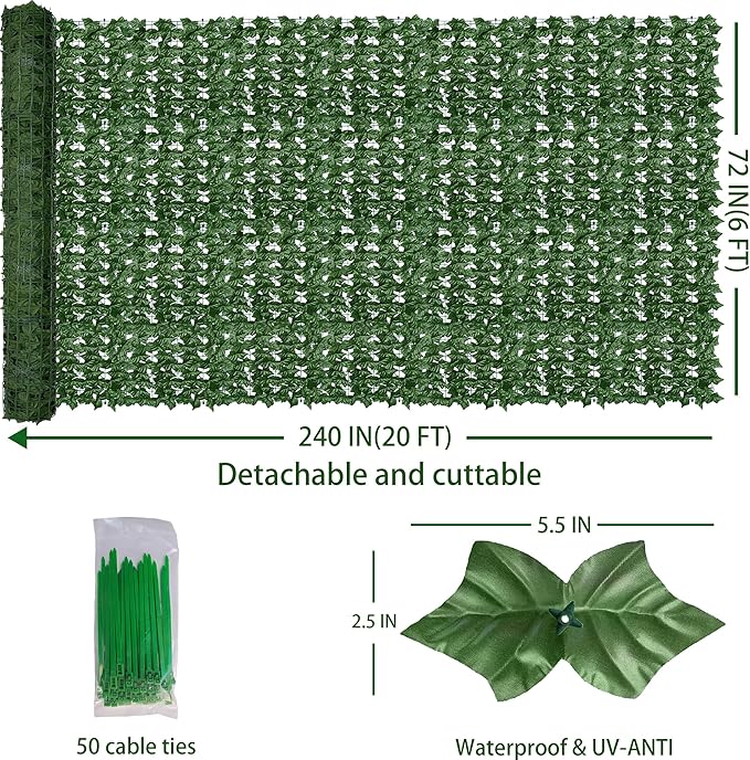Artificial Fence Privacy Screen: 6FT x 20FT UV-Anti Faux Greenery Backdrop Iv...