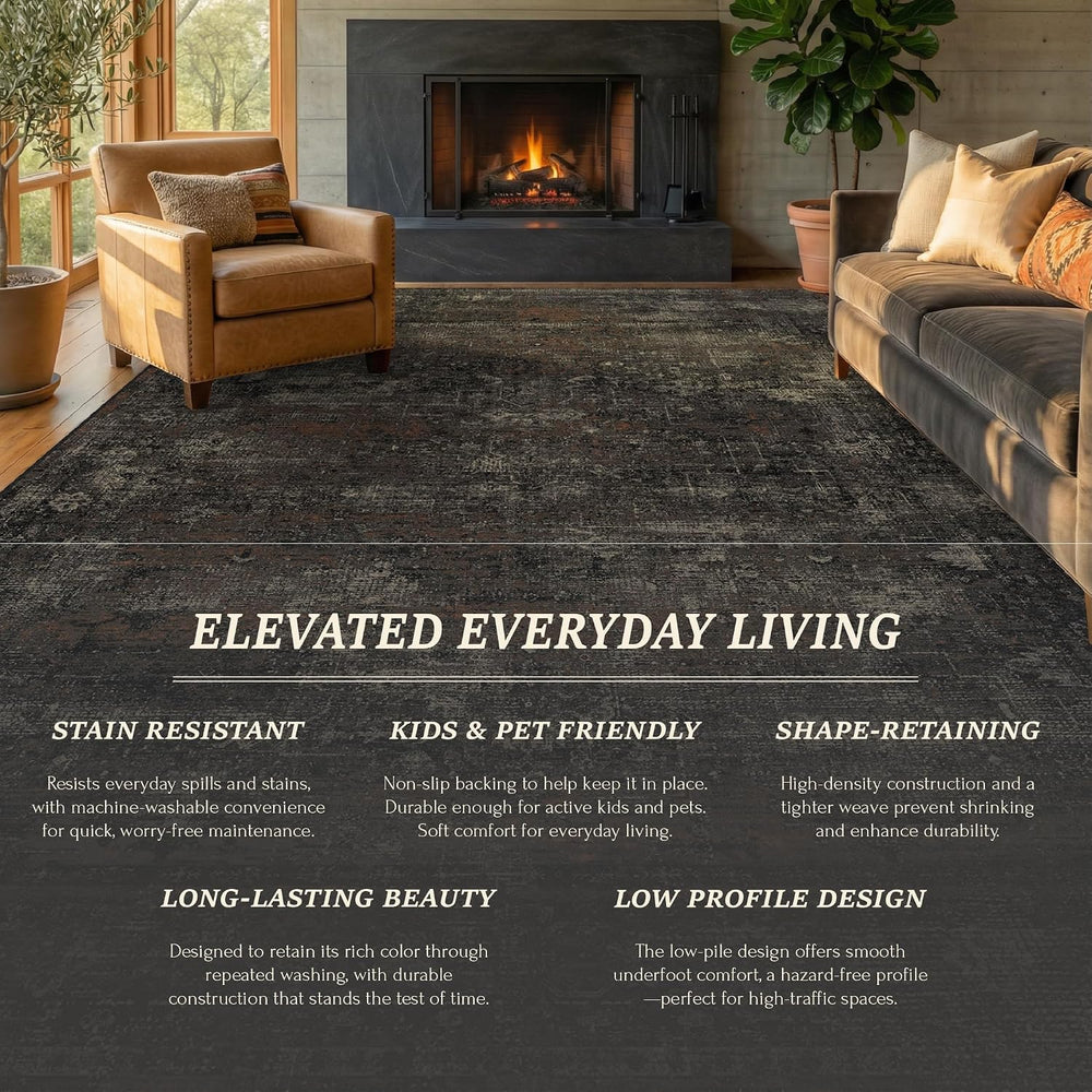 TALANOVA Black Farmhouse Washable 8x10 Area Rugs for Living Room, Dark Charco...