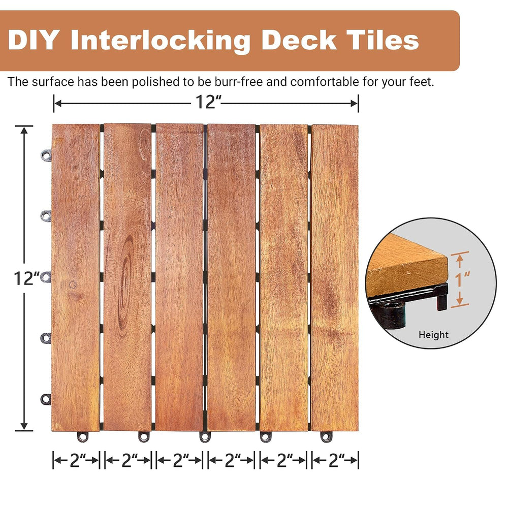 PrimeZone 108 PCS Solid Acacia Wood Interlocking Deck Tiles, Natural Wood