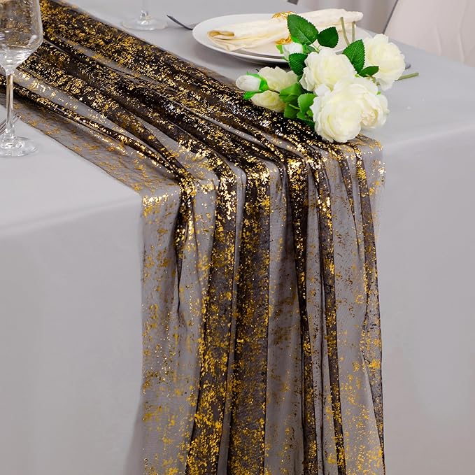 Snowkingdom 10 Pcs Black & Gold Cheesecloth Table Runner 10 FT, Sheer Chi...