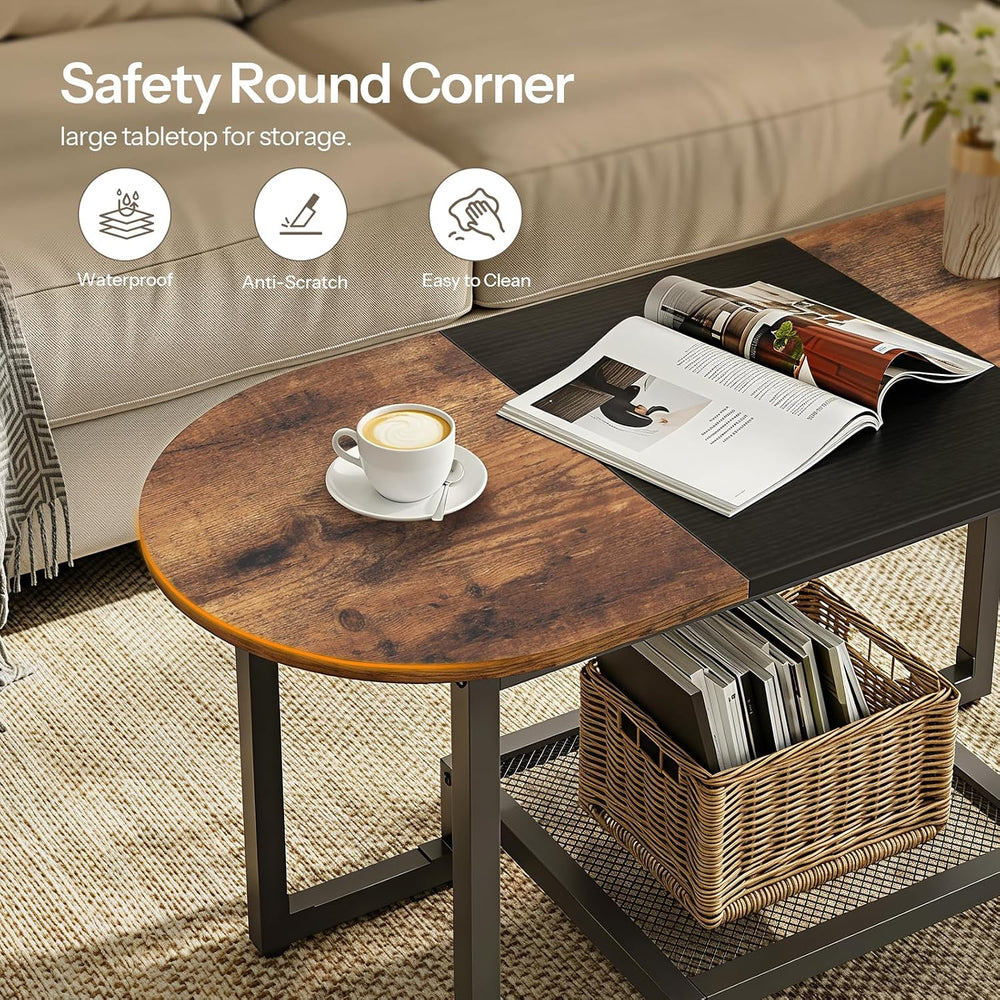 HOOBRO Coffee Table, Oval Small Coffee Table with 2-Tier Storage Shelf, Narro...