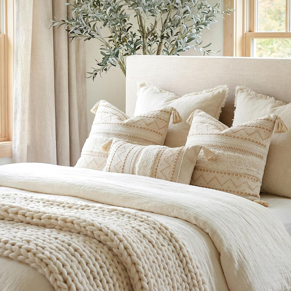BlissBlush Decorative Throw Pillow Covers 20x20 Combo Set of 2 Square Cream N...
