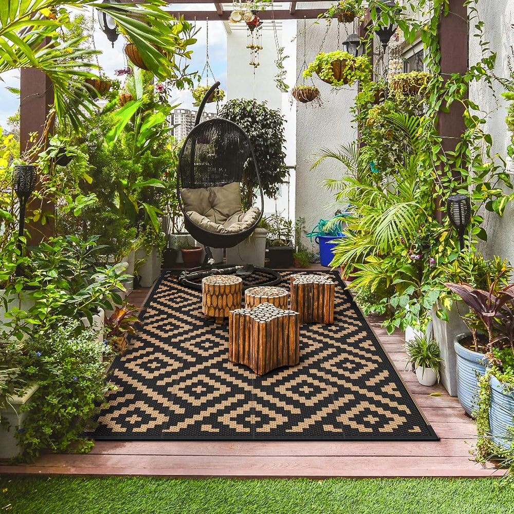 GENIMO Outdoor Rug, Waterproof Plastic Rugs for Patio, 4'x6' Black Brown