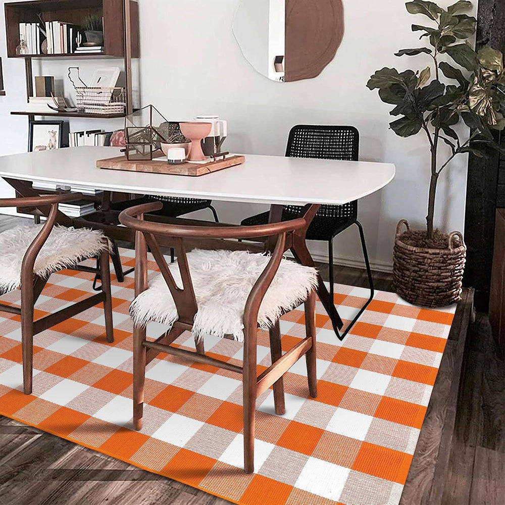 KILOCOCO 4'x6' Fall Orange White Buffalo Plaid Rug Halloween Front Do...