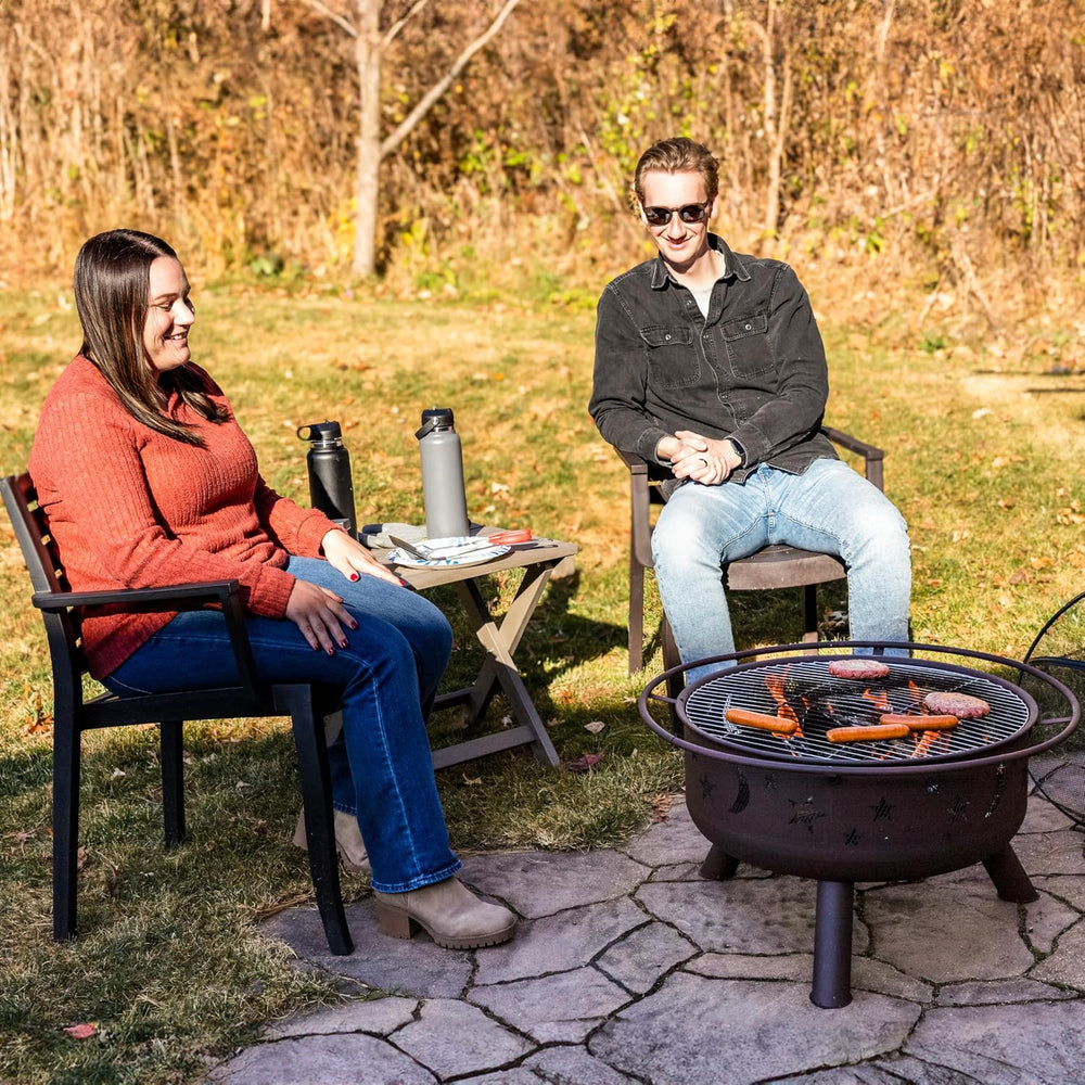 Sunnydaze Cosmic 30" Outdoor Wood Fire Pit with Grill Grate, Steel, Bronze