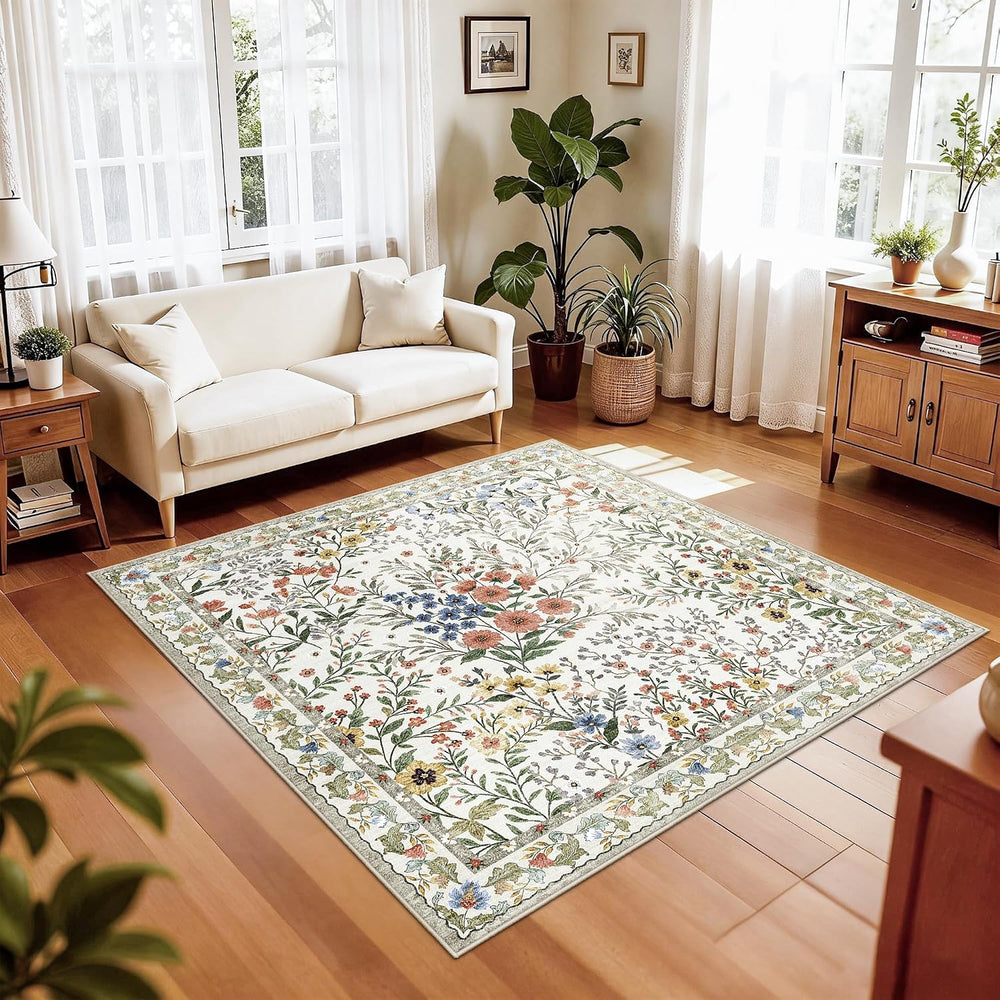 5x5 Living Room Area Rug Washable: Floral Non-Slip Mats for Indoor Floor Entr...