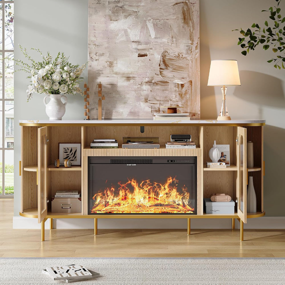 70" Fluted Fireplace TV Stand for TVs Up to 80 Inches, Entertainment Cen...