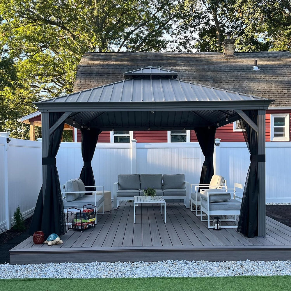 PURPLE LEAF Hardtop Gazebo 12' x 14' Patio Gazebo w/Black Curtain &am...