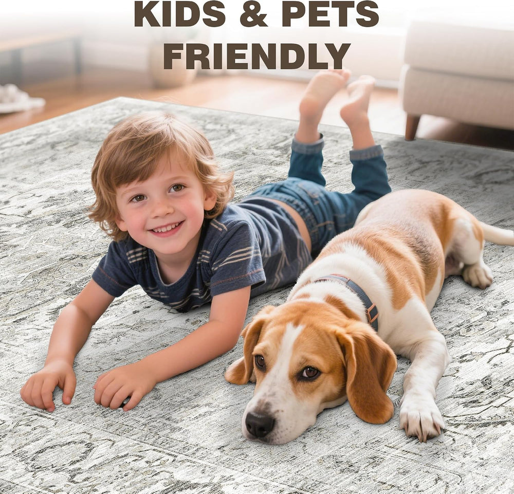 Washable 8x10 Area Rugs, Non Slip Living Room Rug Ivory/Gray