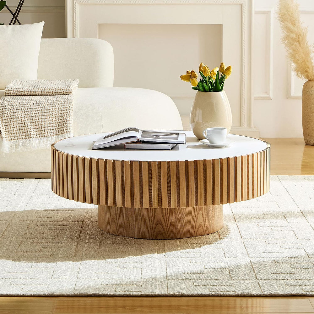 35.43" Oak Round Wood Coffee Tables with Faux Marble White Sintered Ston...