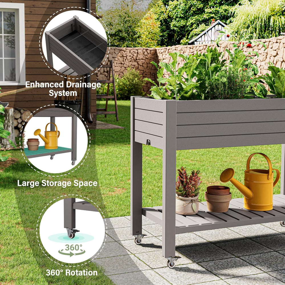Elevated Raised Garden Bed with Wheels,Planter Box,Gray-33.7" h