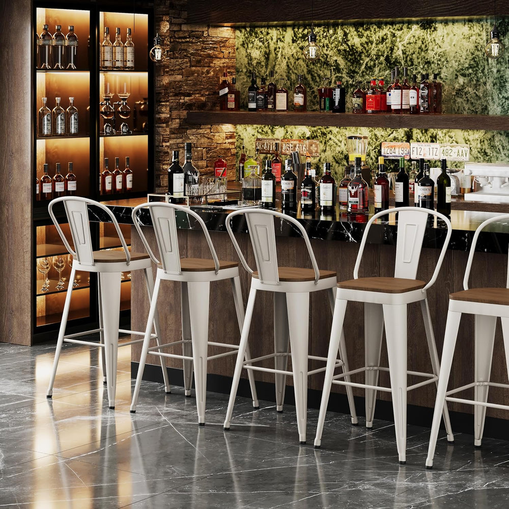 Andeworld Metal Bar Stools Set of 4,24" Counter Height with Backs,Off White