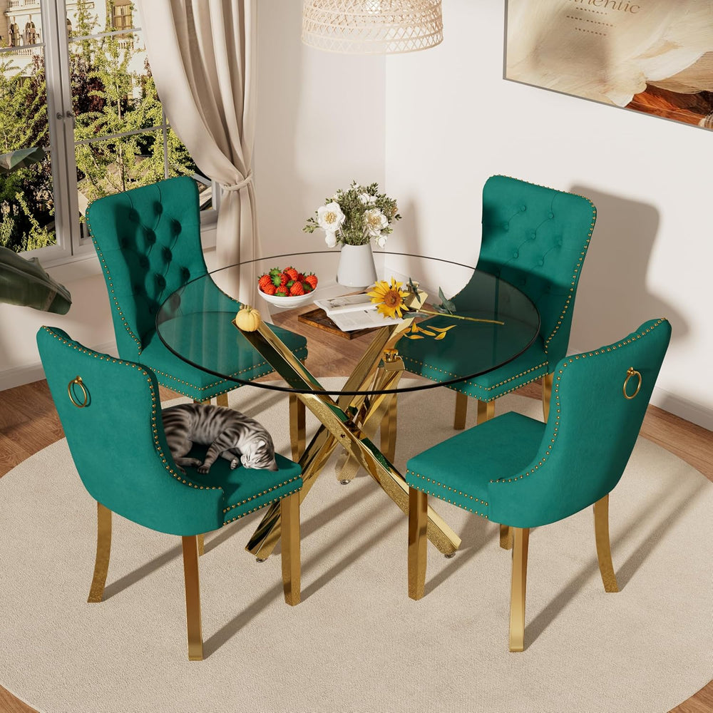 Mid Century Modern Glass Round Dining Table Set for 4, 5 Pieces Gold Luxury C...