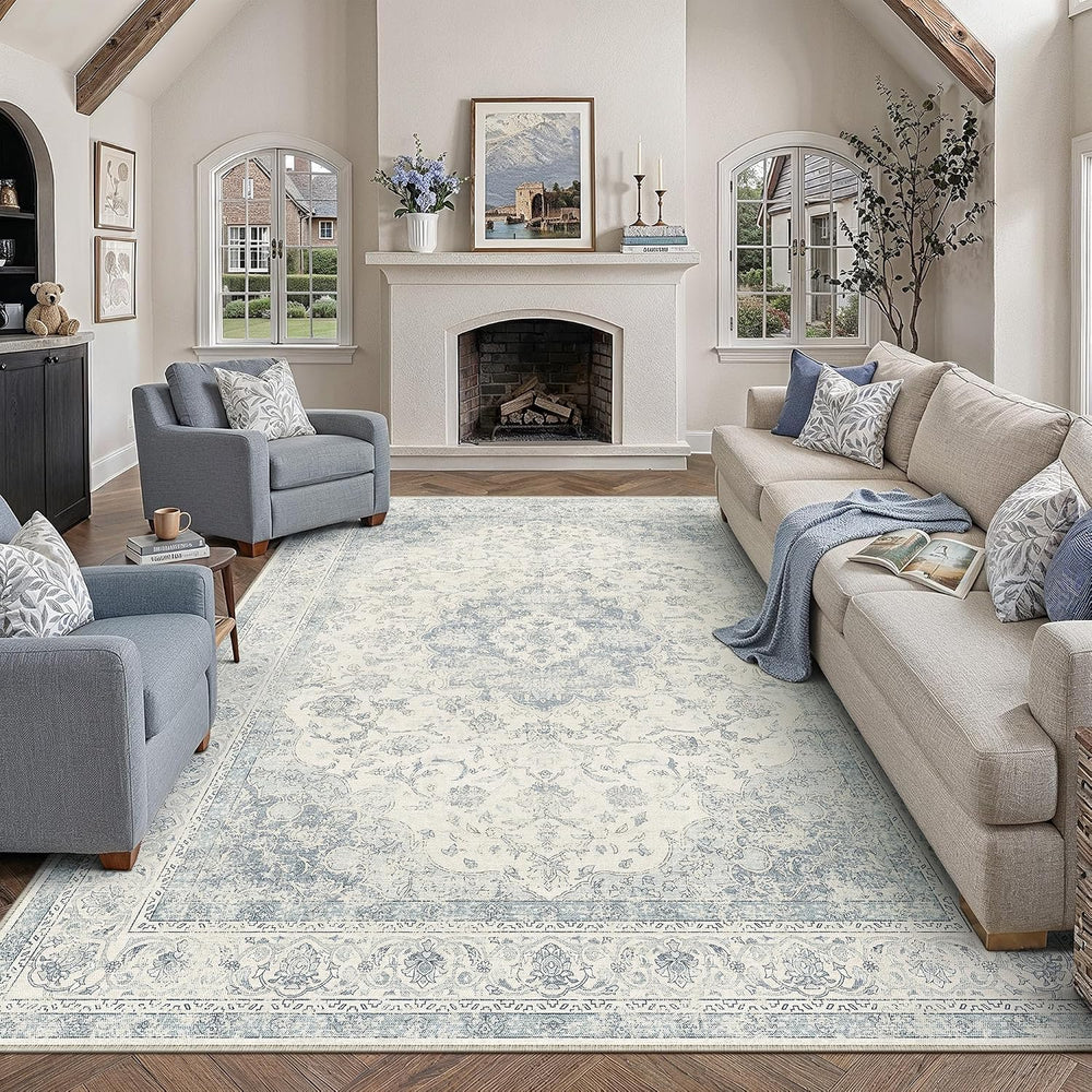 8x10 Blue Washable Area Rug Non Slip Vintage Carpet