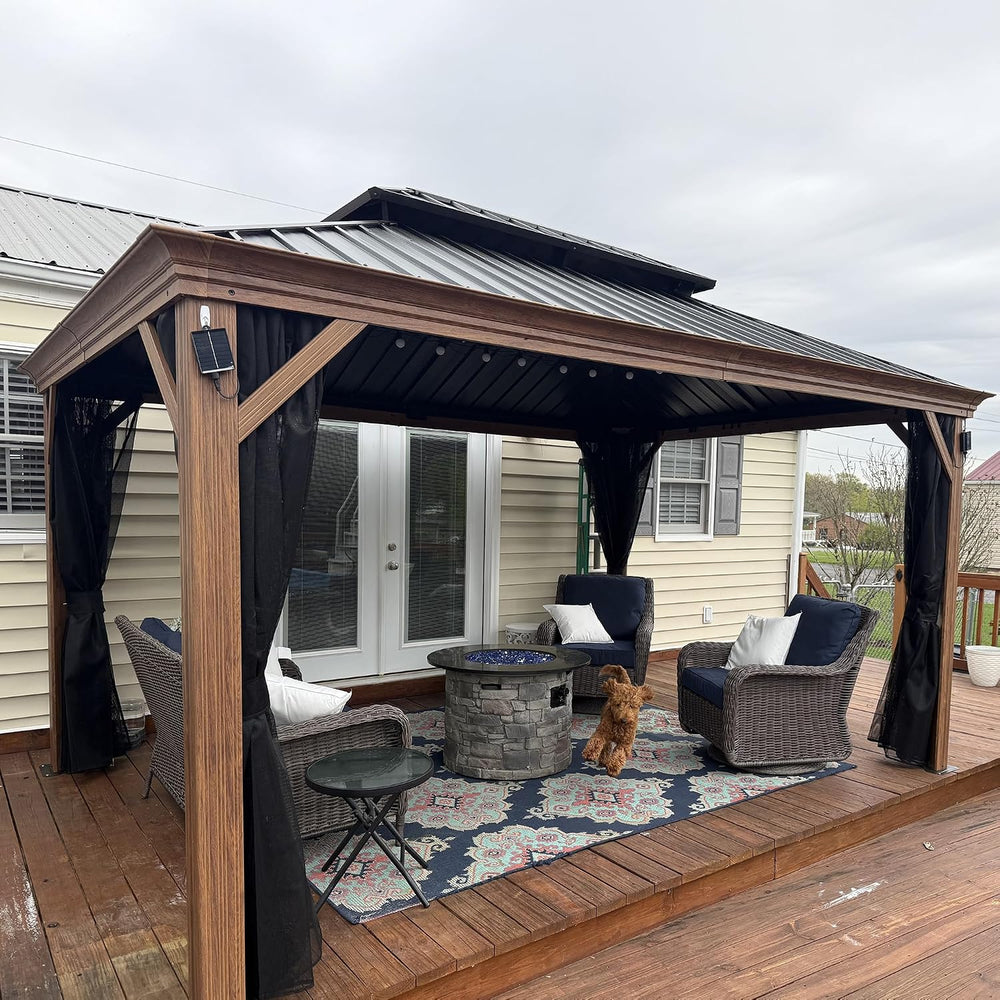 PURPLE LEAF Gazebo 12' x 14' with Drainage System, Wood Grain Frame