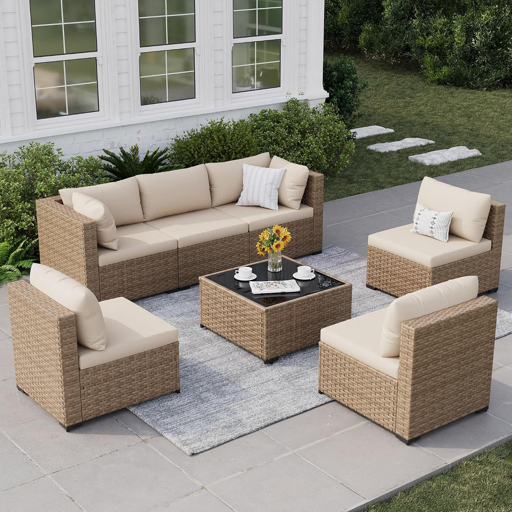 Patio Furniture Set, 7-Piece Outdoor Wicker Sectional Sofa, White