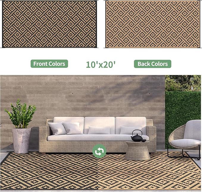 GENIMO Outdoor Rug Waterproof, 10' x 20' Reversible Plastic Straw Rug...