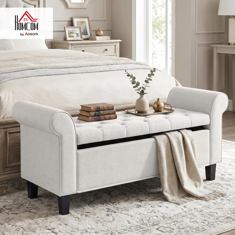 HOMCOM 47" Storage Ottoman End of Bed Bench with Rolled Arms Cream White